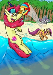 Size: 1920x2716 | Tagged: safe, artist:lizardwithhat, character:apple bloom, character:scootaloo, character:sweetie belle, species:earth pony, species:pegasus, species:pony, sweetie bot, beach, beach ball, eyelashes on the wrong side, female, flower, flower in hair, jumping, mare, open mouth, palm tree, robot, robot pony, snorkel, tree, water