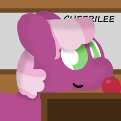 Size: 1000x1000 | Tagged: safe, artist:artdbait, character:cheerilee, apple, desk, female, food, simple background, simple shading, smiling, solo, teacher, whiteboard, writing