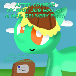 Size: 1000x1000 | Tagged: safe, artist:artdbait, oc, oc:goldy, series:goldy and hazard, amber eyes, clothing, cloud, delivery, delivery pony, green fur, hat, implied racism, outdoors, package, simple background, simple shading, smiling, solo, working, yellow mane