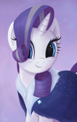 Size: 2712x4296 | Tagged: safe, artist:flutterstormreturns, character:rarity, species:pony, species:unicorn, episode:the last problem, g4, my little pony: friendship is magic, clothing, colored, female, gradient background, hair over one eye, head turn, looking at you, mare, older, older rarity, signature, simple background, smiling, solo, three quarter view