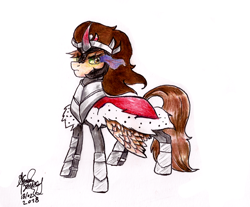 Size: 1952x1616 | Tagged: safe, artist:mannybcadavera, character:king sombra, oc, oc:ferb fletcher, species:pegasus, species:pony, clothing, colored horn, cosplay, costume, curved horn, horn, implied king sombra, male, possessed, simple background, solo, sombra eyes, sombra horn, traditional art, white background, wings