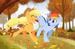 Size: 2600x1709 | Tagged: safe, artist:askometa, character:applejack, character:rainbow dash, species:earth pony, species:pegasus, species:pony, ship:appledash, episode:fall weather friends, g4, my little pony: friendship is magic, autumn, blushing, clothing, commission, cowboy hat, cute, duo, eyes closed, female, hat, jackabetes, leaves, lesbian, mare, running, running of the leaves, scene interpretation, shipping, smiling, tree