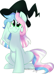 Size: 609x828 | Tagged: safe, artist:maximumbark, oc, oc only, oc:bub, species:pony, species:unicorn, clothing, cute, female, glasses, green eyes, hat, mare, simple background, smiling, solo, transparent background, witch hat