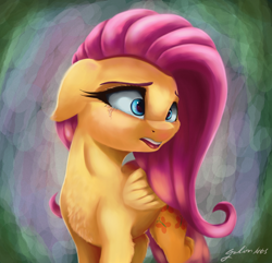 Size: 2900x2800 | Tagged: safe, artist:galinn-arts, character:fluttershy, species:pegasus, species:pony, chest fluff, crying, cute, female, floppy ears, folded wings, head turn, looking away, mare, open mouth, sad, sadorable, solo, teary eyes, teeth, three quarter view, wings
