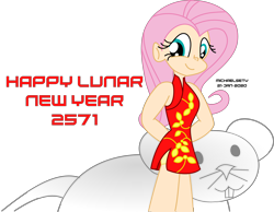 Size: 3500x2722 | Tagged: safe, artist:michaelsety, character:fluttershy, species:human, chinese new year, humanized, rat, simple background, transparent background, year of the rat