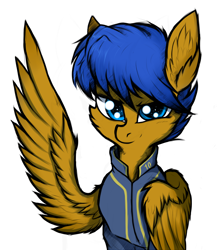 Size: 4000x4615 | Tagged: safe, artist:tatykin, derpibooru original, oc, oc only, oc:crushingvictory, species:pegasus, species:pony, fallout equestria, absurd resolution, cheek fluff, clothing, ear fluff, folded wing, raised wing, simple background, solo, vault suit