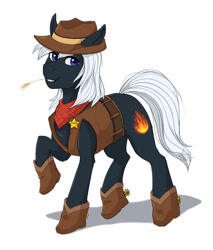 Size: 1351x1588 | Tagged: source needed, useless source url, safe, artist:alexispaint, oc, oc only, oc:dragon, species:earth pony, species:pony, boots, clothing, hat, male, sheriff, shoes, solo, spurs, stallion, vest
