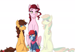 Size: 2880x1989 | Tagged: safe, artist:h0mi3, oc, oc only, oc:apple blossom, oc:apple buck, oc:apple fritter, oc:sweet apple, parent:apple bloom, parent:applejack, parent:big macintosh, parent:caramel, parent:cheerilee, parent:pipsqueak, parents:carajack, parents:cheerimac, parents:pipbloom, species:earth pony, species:pony, colt, cousins, female, filly, ghost, male, mare, neckerchief, next gen apples, next generation, offspring, simple background, undead, white background