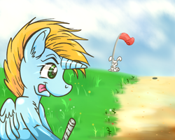 Size: 1024x819 | Tagged: safe, artist:shinkuma, character:angel bunny, oc, oc only, oc:harmony star, species:alicorn, species:pony, species:rabbit, alicorn oc, animal, blep, golf, male, sports, stallion, tongue out