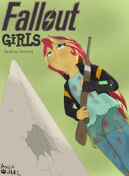 Size: 3000x4093 | Tagged: safe, artist:wolfjarl, character:sunset shimmer, my little pony:equestria girls, blood, capital wasteland, cover art, dirt, dirty, fallout, fallout 3, fallout girls, gun, pipboy, rifle, scuff mark, washington d.c., washington monument, weapon