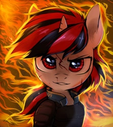 Size: 1920x2160 | Tagged: safe, artist:tatykin, oc, oc only, oc:blackjack, species:pony, species:unicorn, fallout equestria, fallout equestria: project horizons, blood, fanfic art, female, fire, horn, looking at you, mare, scratches, shooty look, small horn, solo, two toned mane, vault security armor