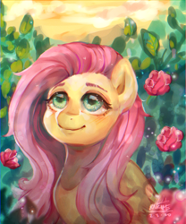 Size: 1250x1500 | Tagged: safe, artist:riukime, character:fluttershy, species:pegasus, species:pony, bust, cute, female, flower, folded wings, looking up, mare, outdoors, rose, shyabetes, solo, three quarter view, traditional art, wings