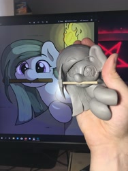Size: 3024x4032 | Tagged: safe, artist:ljdamz1119, artist:shuxer59, character:marble pie, species:earth pony, species:pony, craft, cyrillic, female, hand, irl, mare, minecraft, monitor, mouth hold, pentagram, photo, pickaxe, russian, sculpture, torch