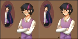 Size: 1024x512 | Tagged: safe, artist:riukime, character:twilight sparkle, oc:dusk shine, species:human, 2017, angry, brown background, cross-popping veins, crossed arms, duo, dusktwi, female, humanized, male, prank, rule 63, self paradox, selfcest, shipping, simple background, straight