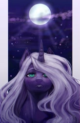 Size: 1250x1900 | Tagged: safe, artist:riukime, oc, oc only, oc:star nebula moon, species:alicorn, species:pony, bust, looking at you, moon, solo