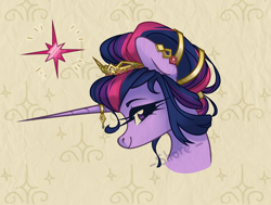 Size: 1982x1500 | Tagged: safe, artist:shore2020, character:twilight sparkle, species:pony, alternate hairstyle, bust, crown, cute, cutie mark, ear piercing, earring, female, hair accessory, hair bun, horn, horn jewelry, jewelry, looking at you, mare, piercing, portrait, profile, regal, regalia, solo, twiabetes