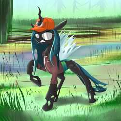 Size: 4000x4000 | Tagged: safe, artist:wilshirewolf, character:queen chrysalis, species:changeling, absurd resolution, angry, changeling queen, cigarette, clothing, crossover, dale gribble, female, hat, horn, horn impalement, king of the hill, rusty shackleford, solo, sunglasses