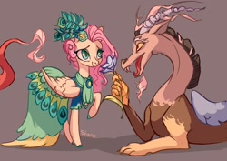 Size: 1920x1358 | Tagged: safe, artist:shore2020, character:discord, character:fluttershy, species:draconequus, species:pegasus, species:pony, ship:discoshy, clothing, dress, female, flower, gala dress, male, mare, shipping, straight