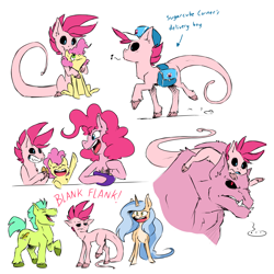 Size: 5000x5000 | Tagged: safe, artist:the-blackeye, character:li'l cheese, character:pinkie pie, oc, oc:mechika, species:earth pony, species:pony, species:unicorn, episode:the last problem, g4, my little pony: friendship is magic, alien, bag, baking, black sclera, blank flank, cap, clothing, cloven hooves, crack shipping, crossover, crossover shipping, cutie mark, dragon ball z, female, hat, hybrid, long tail, majin buu, male, mare, ponified, saddle bag, sharp teeth, shipping, sketch, sketch dump, stallion, teeth, what if