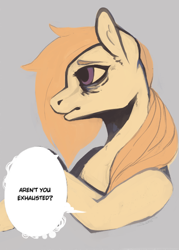 Size: 1750x2450 | Tagged: safe, artist:slimeprnicess, oc, oc only, oc:safe haven, species:earth pony, species:pony, /mlp/, 4chan, bags under eyes, bust, dialogue, drawthread, offscreen character, profile, simple background, solo, speech bubble, text