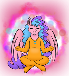 Size: 2463x2702 | Tagged: safe, artist:bellbell123, oc, oc only, oc:bella pinksavage, species:pegasus, species:pony, bodysuit, catsuit, eyes closed, female, hippie, jewelry, latex, latex suit, lotus position, meditation, necklace, peace suit, peace symbol, rubber suit, solo