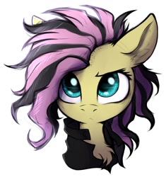 Size: 1600x1700 | Tagged: safe, artist:tatykin, character:fluttershy, species:pony, alternate hairstyle, bust, chest fluff, clothing, dyed mane, ear fluff, edgy, female, mare, portrait, punk, punk rock, rockershy, solo