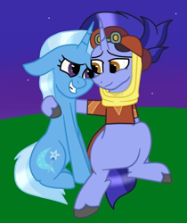Size: 522x622 | Tagged: safe, artist:lightningbolt39, character:hoo'far, character:trixie, species:pony, species:unicorn, ship:trixfar, clothing, cropped, female, floppy ears, grass, hill, looking at each other, male, shipping, sitting, smiling, straight