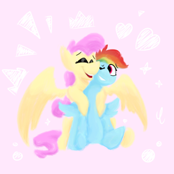 Size: 2000x2000 | Tagged: safe, artist:antimationyt, character:fluttershy, character:rainbow dash, species:pegasus, species:pony, ship:flutterdash, abstract background, cute, female, hug, hug from behind, lesbian, mare, shipping, shipping fuel, sitting, smiling, spread wings, wings
