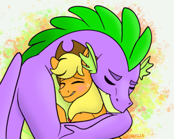 Size: 3197x2541 | Tagged: safe, artist:bellbell123, character:applejack, character:spike, species:dragon, species:earth pony, species:pony, ship:applespike, blushing, cute, eyes closed, female, high res, hug, jackabetes, male, mare, older, older spike, shipping, smiling, spikabetes, straight, winged spike