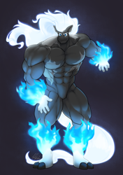 Size: 1440x2048 | Tagged: safe, artist:ponyanony, oc, oc only, species:anthro, species:earth pony, species:plantigrade anthro, species:pony, abs, dark background, earth pony oc, featureless crotch, glowing hands, male, mane of fire, muscles, pyromancy, signature, solo