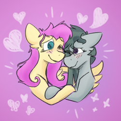 Size: 1000x1000 | Tagged: safe, artist:antimationyt, character:fluttershy, character:marble pie, species:earth pony, species:pegasus, species:pony, blushing, bust, eye contact, female, heart, holding hooves, hug, lesbian, looking at each other, marbleshy, mare, one eye closed, one wing out, shipping, smiling, stray strand, winghug, wings