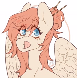 Size: 2019x2048 | Tagged: safe, artist:misocosmis, oc, oc only, species:pegasus, species:pony, bust, chopsticks in hair, female, hair bun, licking, licking lips, mane bun, mare, portrait, simple background, solo, tongue out, white background, wings