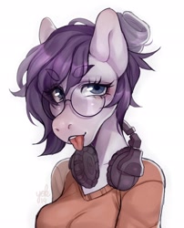Size: 1652x2048 | Tagged: safe, artist:misocosmis, oc, oc only, oc:vylet, species:anthro, species:pegasus, species:pony, blep, clothing, female, glasses, hair bun, headphones, mane bun, mare, simple background, solo, tongue out, white background