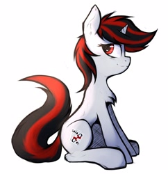 Size: 1600x1650 | Tagged: safe, artist:tatykin, oc, oc only, oc:blackjack, species:pony, species:unicorn, fallout equestria, fallout equestria: project horizons, chest fluff, fanfic, fanfic art, female, hooves, horn, looking back, mare, simple background, sitting, small horn, solo, two toned mane, two toned tail, white background