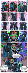 Size: 1500x3900 | Tagged: safe, artist:nancy-05, commissioner:bigonionbean, writer:bigonionbean, character:king sombra, character:nightmare moon, character:princess luna, character:queen chrysalis, oc, oc:empress sacer malum, species:changeling, species:pony, species:umbrum, species:unicorn, comic:fusing the fusions, comic:time of the fusions, alicorn amulet, argument, blushing, chest, clothing, comic, confusion, cutie mark, dialogue, dungeon, ethereal mane, evil planning in progress, fangs, female, forced, fusion, fusion:empress sacer malum, heat, jewelry, magic, mare, necklace, panting, prison, queen umbra, regalia, rule 63, semi-grimdark series, shocked, smiling, smirk, sombra eyes, spell, suggestive series, swelling, tartarus, wingless
