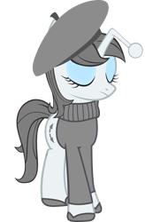 Size: 1000x1529 | Tagged: safe, artist:cool77778, oc, oc only, oc:apathia, species:pony, species:unicorn, beret, clothing, eyes closed, eyeshadow, female, french, hat, makeup, mare, reddit, shoes, simple background, solo, sweater, transparent background, vector