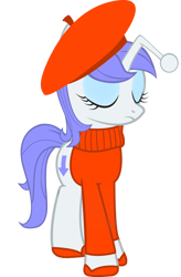 Size: 1000x1529 | Tagged: safe, artist:cool77778, oc, oc only, oc:discentia, species:pony, species:unicorn, beret, clothing, cutie mark, downvote, eyes closed, eyeshadow, female, french, hat, makeup, mare, reddit, shoes, simple background, solo, sweater, transparent background, vector