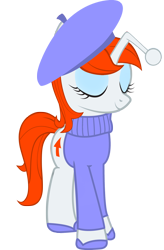 Size: 1000x1529 | Tagged: safe, artist:cool77778, oc, oc only, oc:karma, species:pony, species:unicorn, beret, clothing, cutie mark, eyes closed, eyeshadow, female, french, hat, makeup, mare, reddit, shoes, simple background, solo, sweater, transparent background, upvote, vector