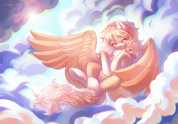 Size: 4300x3000 | Tagged: safe, artist:fenwaru, oc, oc only, oc:peach crumble, species:pegasus, species:pony, cute, eyes closed, flying, smiling, solo, wings