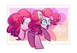 Size: 1750x1200 | Tagged: safe, artist:riukime, character:pinkie pie, species:earth pony, species:pony, abstract background, ear fluff, female, mare, open mouth, solo