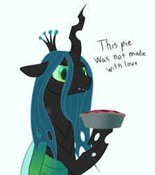 Size: 800x900 | Tagged: safe, artist:enigmadoodles, character:queen chrysalis, species:changeling, changeling queen, crown, cute, cutealis, dessert, dialogue, disappointed, featured on derpibooru, female, food, holding, jewelry, open mouth, pie, regalia, simple background, solo, white background