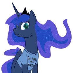 Size: 900x900 | Tagged: safe, artist:enigmadoodles, character:princess luna, species:alicorn, species:pony, blame my sister, clothing, curved horn, female, horn, magic shirt, shirt, smiling, solo