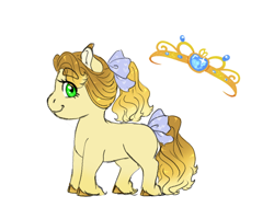 Size: 1000x800 | Tagged: safe, artist:miyathegoldenflower, oc, oc only, parent:applejack, parent:prince blueblood, parents:bluejack, species:earth pony, species:pony, bow, cute, ear fluff, female, filly, hair bow, jewelry, looking at you, offspring, profile, simple background, solo, tail bow, tiara, unshorn fetlocks, white background