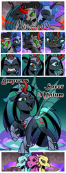 Size: 1500x3900 | Tagged: safe, artist:nancy-05, commissioner:bigonionbean, writer:bigonionbean, character:adagio dazzle, character:aria blaze, character:king sombra, character:nightmare moon, character:princess luna, character:queen chrysalis, character:sonata dusk, oc, oc:empress sacer malum, species:alicorn, species:changeling, species:pony, species:siren, species:umbrum, comic:fusing the fusions, comic:time of the fusions, alicorn amulet, argument, blushing, changeling queen, chest, clothing, comic, confusion, cutie mark, dialogue, dungeon, ethereal mane, evil planning in progress, fangs, female, forced, fusion, fusion:empress sacer malum, heat, jewelry, magic, mare, necklace, panting, prison, queen umbra, regalia, rule 63, semi-grimdark series, shocked, sombra eyes, spell, suggestive series, tartarus, wingless