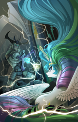 Size: 2239x3500 | Tagged: safe, artist:batonya12561, character:storm king, oc, oc:mark wells, species:alicorn, species:pony, fanfic:off the mark, my little pony: the movie (2017), armor, book cover, commission, cover, duo, electricity, female, male, mare, not celestia, staff, staff of sacanas, yeti