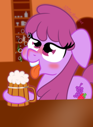 Size: 1400x1907 | Tagged: safe, artist:puperhamster, character:berry punch, character:berryshine, species:earth pony, species:pony, alcohol, beer, drunk, drunk bubbles, tongue out