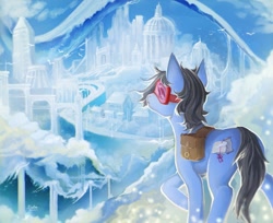 Size: 1920x1566 | Tagged: safe, artist:elzafox, oc, oc only, oc:sight seer, species:bird, species:earth pony, species:pony, bag, cloud, cloudsdale, goggles, male, saddle bag, scenery, signature, sky, solo, stallion