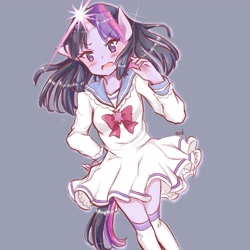 Size: 2048x2048 | Tagged: safe, artist:moh_mlp2, character:twilight sparkle, species:anthro, blushing, clothing, cutie mark accessory, dress, female, glowing horn, gray background, hand on hip, high res, horn, kneesocks, looking at you, no pupils, open mouth, sailor uniform, simple background, socks, solo, uniform, zettai ryouiki