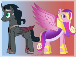 Size: 1200x900 | Tagged: safe, artist:enigmadoodles, character:king sombra, character:princess cadance, species:alicorn, species:pony, alicornified, armor, pegasus cadance, race swap, role reversal, sombracorn
