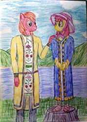 Size: 2960x4160 | Tagged: safe, artist:mildgyth, character:apple bloom, character:big mcintosh, species:anthro, species:plantigrade anthro, ziragshabdarverse, belt, clothing, cloud, dress, female, hat, lake, male, mountain, pants, shoes, traditional art, tree stump